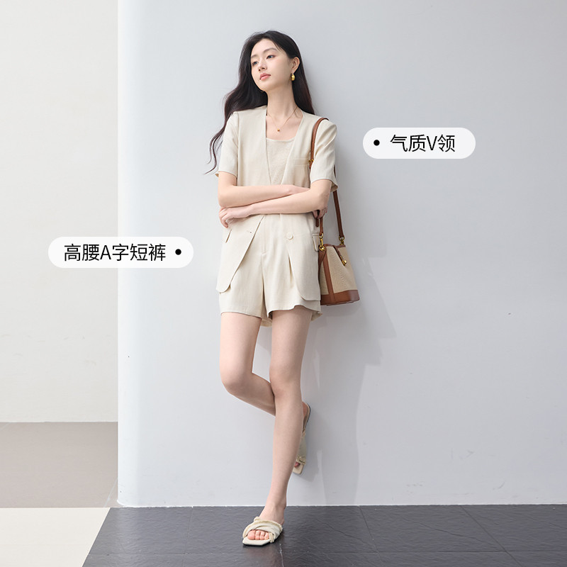 香影亚麻老钱风西装套装女夏2025新款小薄西服短裤淡人穿搭两件套