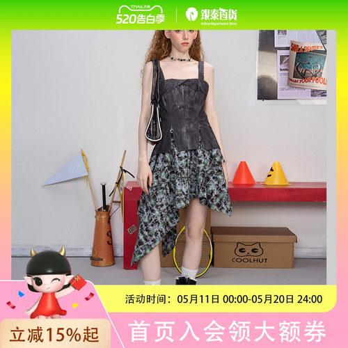 coolhut美式复古做旧拼接假两件格纹修身2025夏连衣裙不规则小众