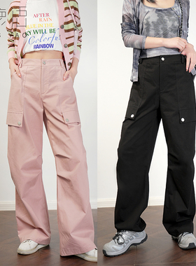 白鹿语时尚工装风阔腿拖地裤2024秋新款橡筋腰高腰插袋女式休闲裤BL10296