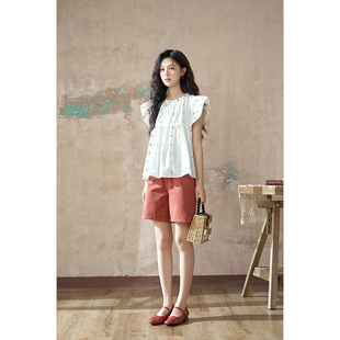 谜秀红色休闲短裤女夏季高腰直筒裤子显瘦运动风MXD25K0679