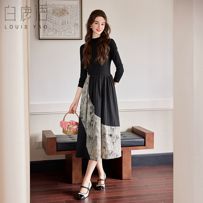 白鹿语复古艺术撞色拼接连衣裙25秋季款设计感收腰显瘦气质长裙BL20359