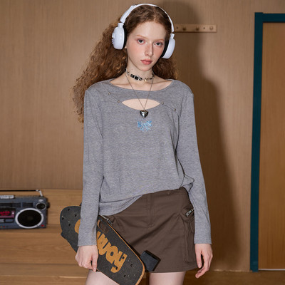 COOLHUT美式复古镂空设计感长袖圆领2025春季女式打底衫上衣个性T恤