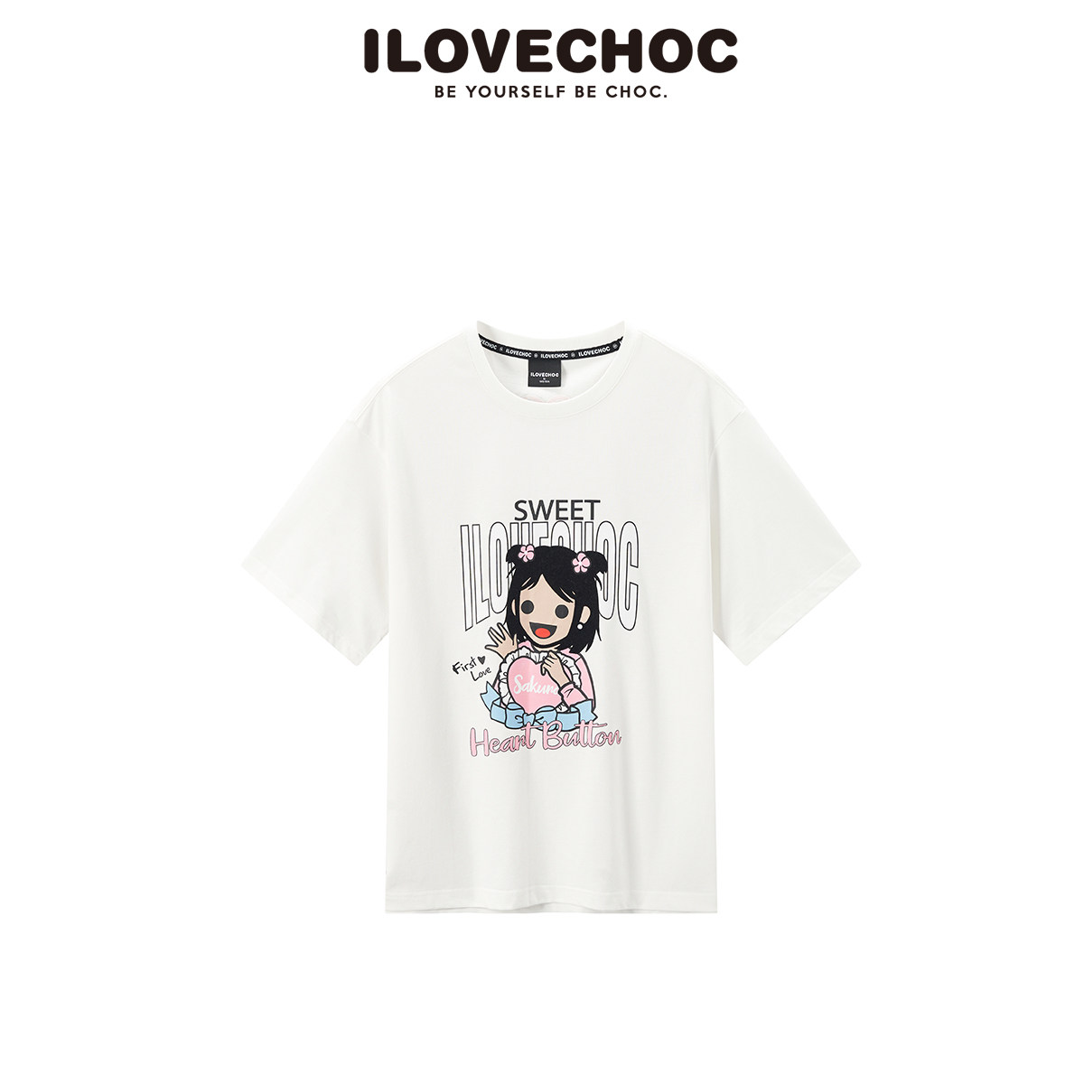 ILOVECHOC我爱巧克力夏季植绒印花宽松卡通短袖t恤女式甜辣潮