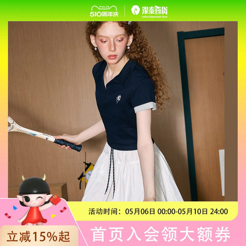 coolhut甜美拼接学院风短袖高腰短款少女条纹2025夏季女式T恤刺绣