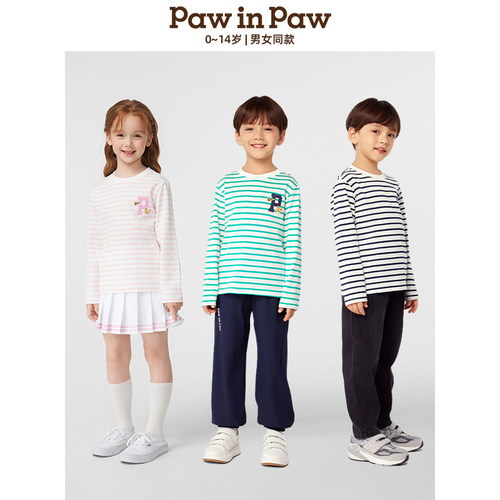 PawinPaw卡通小熊童装25年春季男女童条纹印花T恤PCLAF2361K