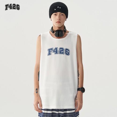 F426国潮牌情侣嘻哈夏季五色大LOGO坑条宽松休闲背心
