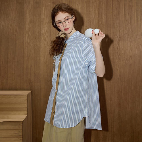 coolhut长袖拼色条纹遮阳拼接气质休闲2025夏季女式衬衫