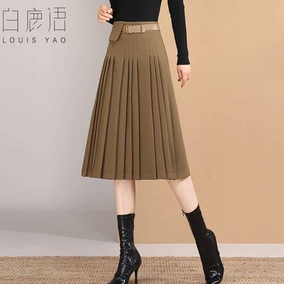 白鹿语高腰百褶A字裙半身裙秋款学院风腰带拼接中长裙子半截裙HL10181