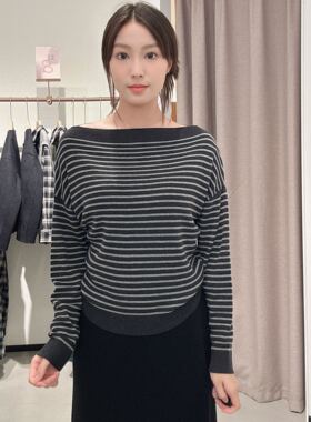 本涩女士条纹斜肩套头针织衣F0629A03