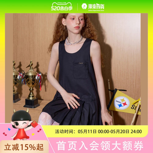 coolhut学院风百褶背带背心气质口袋刺绣无袖A字拼接2025夏连衣裙