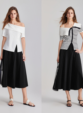 ELLE黑色设计感高腰显瘦半身裙女2024夏季垂坠感气质小众裙子ER47768