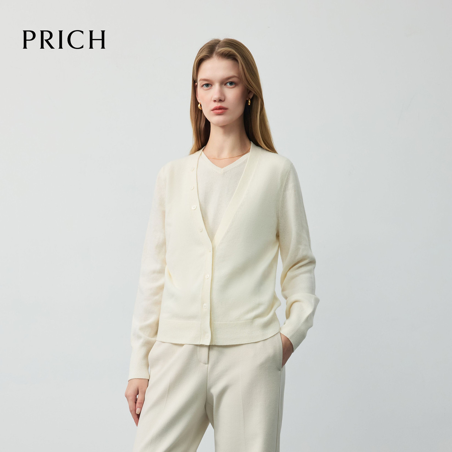 【绵羊毛】PRICH时尚简约气质V领针织开衫2026春季休闲上衣女