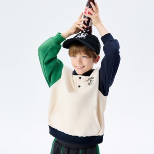 马拉丁童装24冬男大童美式复古印花撞色加绒卫衣514916608D