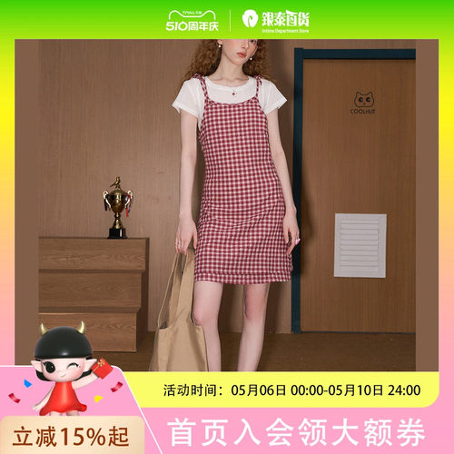 COOLHUT美式田园风红色格子吊带裙2025夏季新连衣裙甜美垂感显瘦