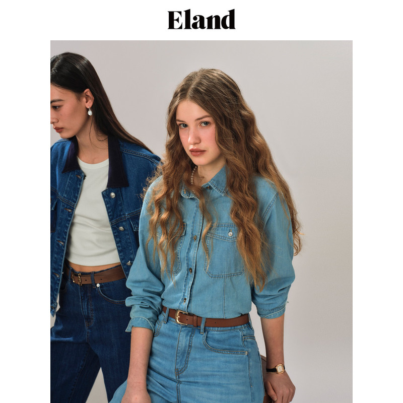 】Eland衣恋衬衫女宽松廓形双口袋长袖牛仔上衣25春季