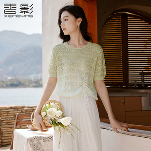 香影蓝色渐变短袖针织衫上衣女2025夏季新款抽绳掐腰镂空t恤罩衫
