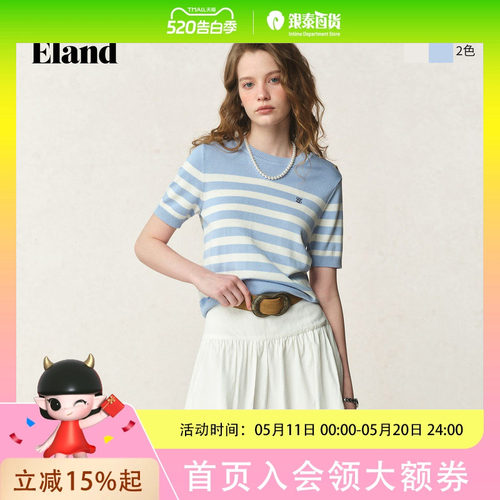 Eland衣恋短袖T恤女时尚宽条纹修身圆领针织上衣2026夏季EEKWG64L31