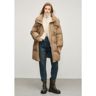 连帽羽绒服2024冬季 百家好中长款 保暖白鸭绒外套 House Basic