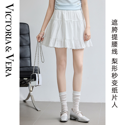 VICTORIA&VERA夏季 “不止是甜美”短款白色多层蕾丝边蛋糕裙芭蕾小个子高腰A字蓬蓬裙