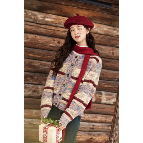 谜秀马海毛条纹撞色短款毛衣女2024冬季慵懒软糯针织开衫MXD59Z1061