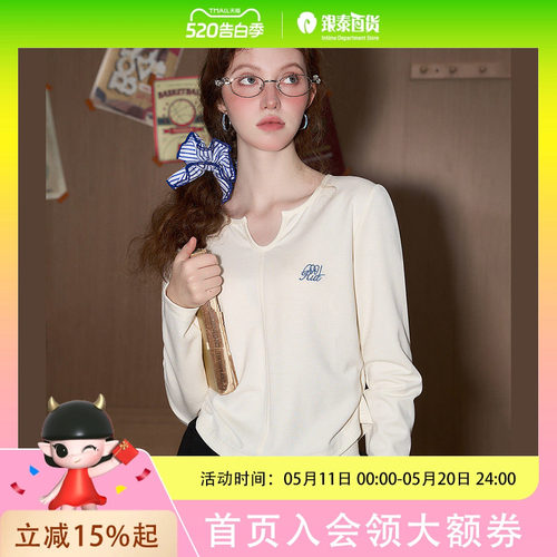 COOLHUT学院风甜美V领刺绣收腰显瘦长袖2025春季女式T恤内搭打底
