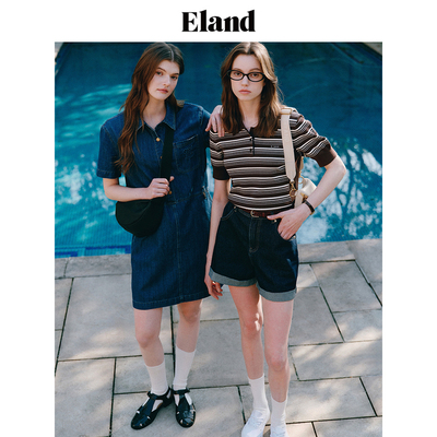 Eland衣恋0卡A字牛仔短裤女卷边裤脚高腰休闲2024夏季EETJE24E01