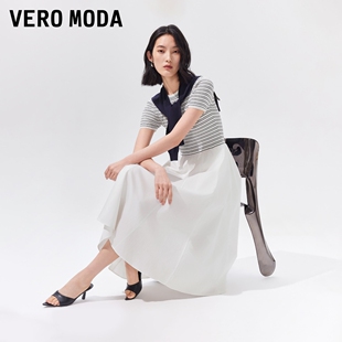 Vero Moda连衣裙2026夏季新款可拆披肩圆领A字拼接中长裙32627B012