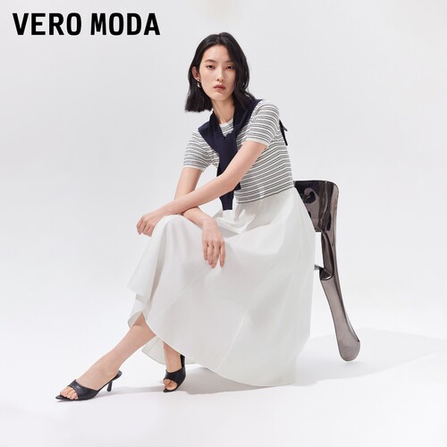 Vero Moda连衣裙2026夏季新款可拆披肩圆领A字拼接中长裙32627B012
