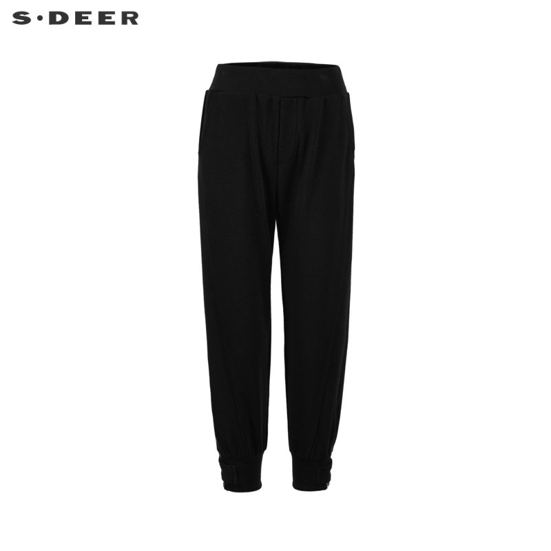 sdeer圣迪奥女装休闲松紧拼接拉链收口运动黑色长裤S21480801
