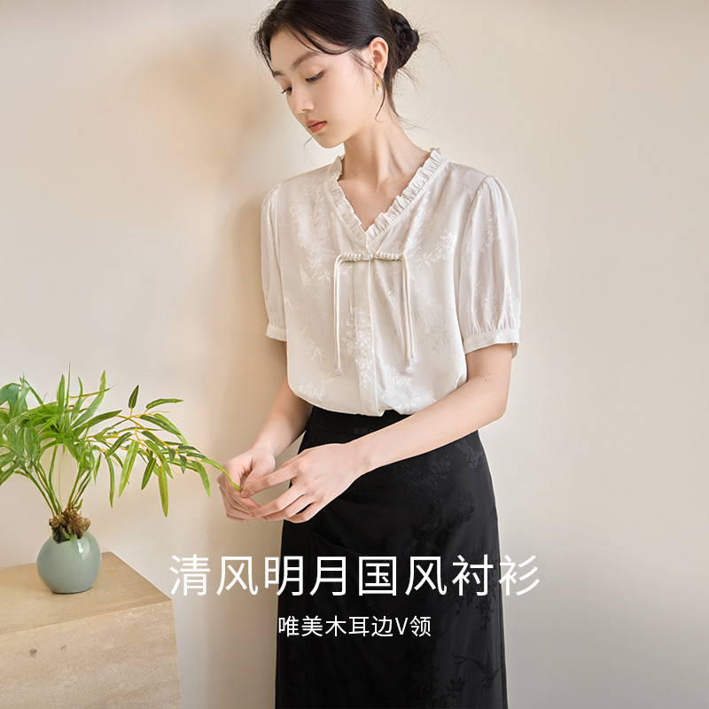 香影新中式国风白色衬衫女短袖2025夏装新款花边v领衬衣薄款上衣