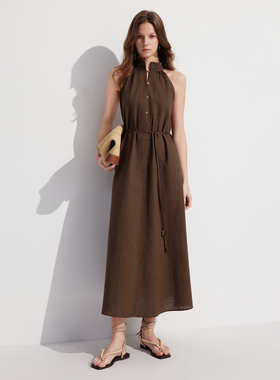 ELLE法式中长款挂脖亚麻连衣裙女2024夏季小个子高端精致裙子EL48245