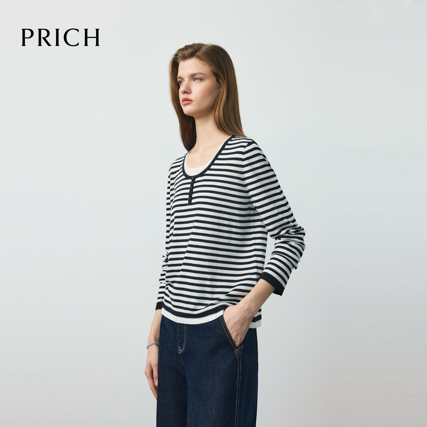 【可机洗羊毛】PRICH简约假两件条纹针织衫2026春休闲上衣女