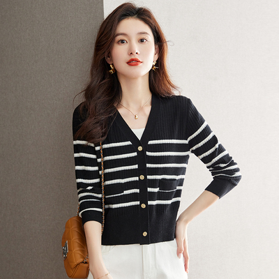 KCOR【30%羊毛】秋季女式时尚百搭条纹透气羊毛开衫9K0J03029
