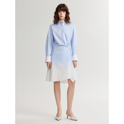 ELLE条纹渐变衬衫裙2024年秋季款淑女通勤风纯棉质感斜门襟连衣裙EL48998