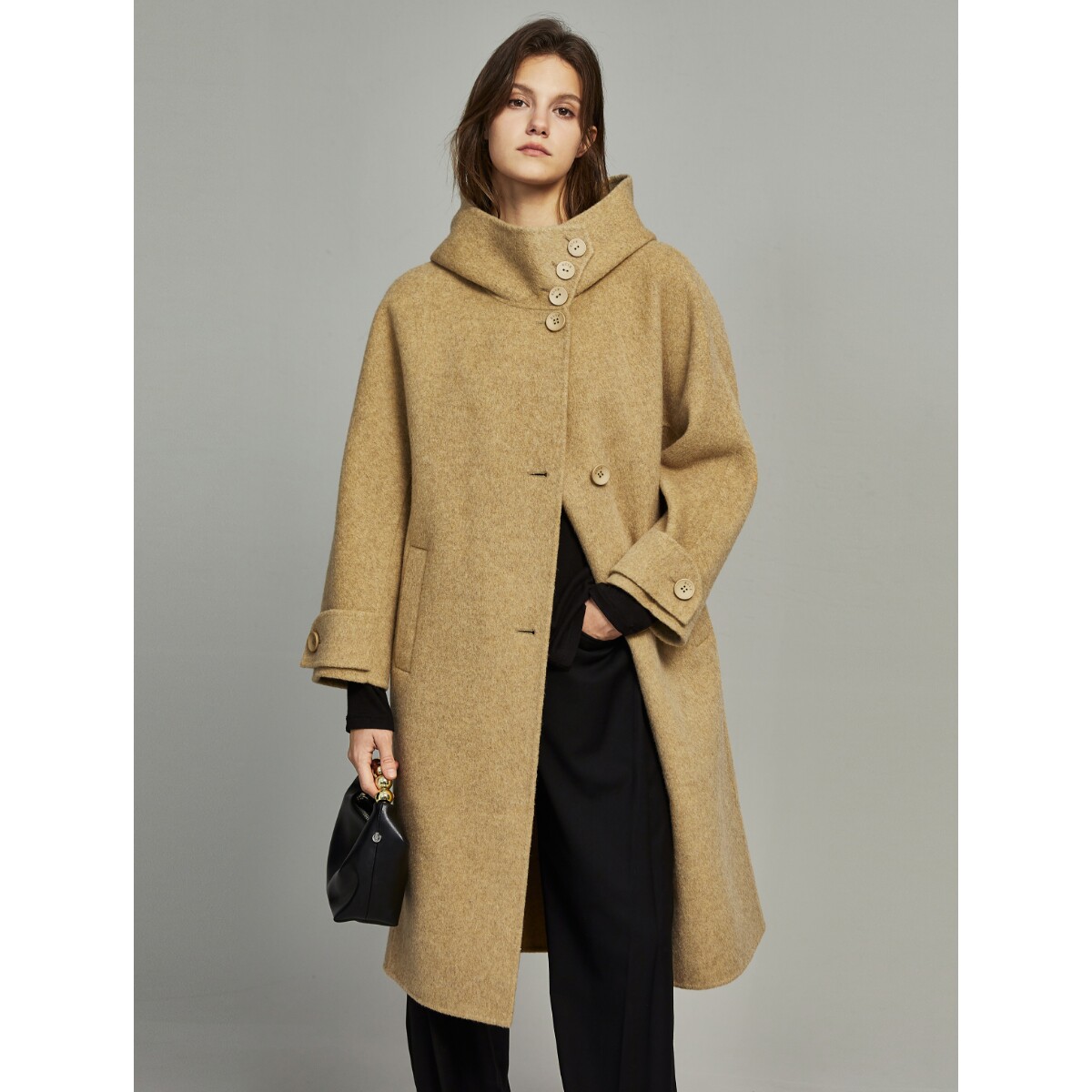ELLE卡其色高级感连帽毛呢外套女冬装中长款双面呢大衣EN36016