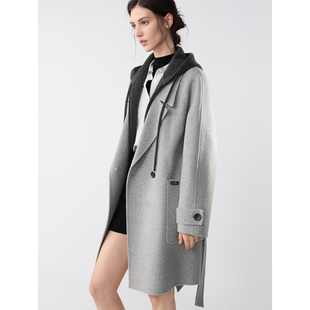 ELLE假两件双面呢大衣女连帽毛呢外套