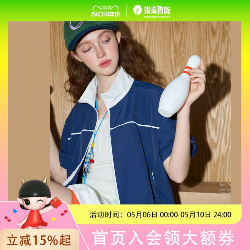 coolhut拼色立领拉链短袖外套宽松休闲2025夏季女式夹克上衣撞色