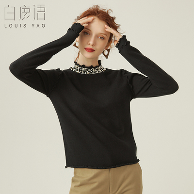 白鹿语重工钉钻钉珠毛衣秋冬款半高领木耳边优雅长袖女式针织衫HX20016