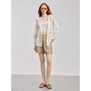 ELLE米白色腰果花纹连帽宽松衬衫女2025夏季款时尚小众衬衣外套