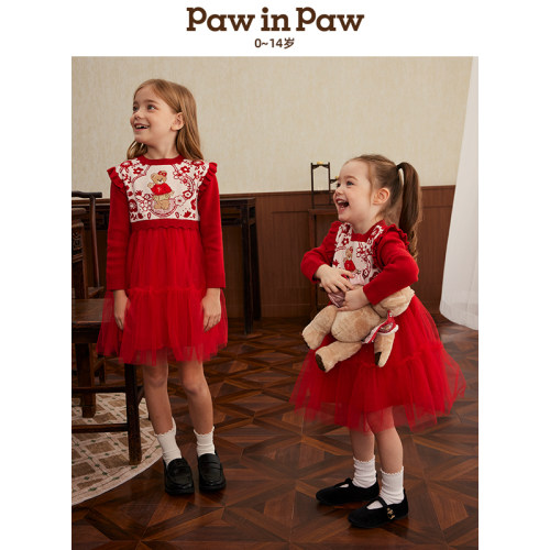 【新年系列】PAW IN PAW卡通小熊童装女童红色连衣裙PCOKF1151T