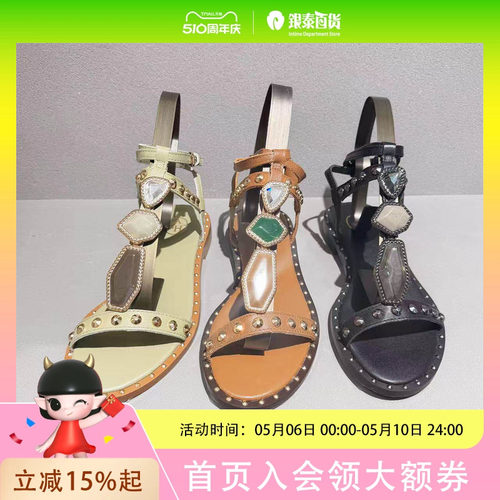 ASH女鞋2025夏季欣款珍皮铆钉凉鞋女露趾平底简约休闲罗马鞋潮AP160L40040
