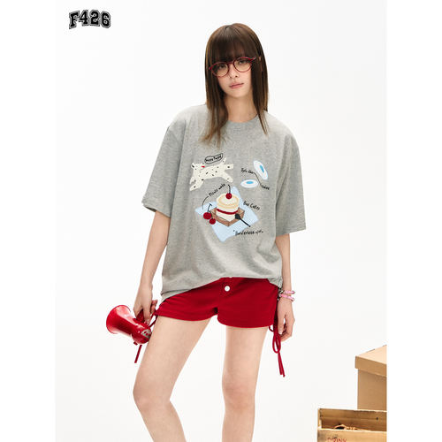F426国潮牌夏季女款宽松美式小狗蛋糕毛巾绣短袖T恤BDDX25XJ-6791