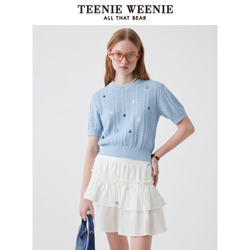 TeenieWeenie小熊女装毛衣2025夏季清新简约休闲刺绣针织短袖