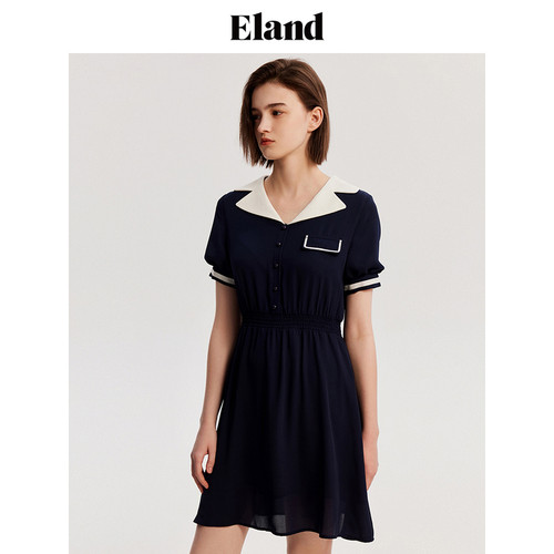 Eland衣恋连衣裙撞色V领收腰显瘦雪纺A字裙女