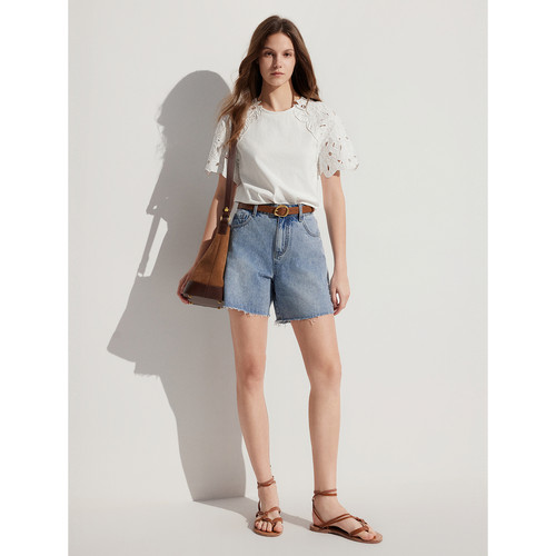 ELLE白色通勤风镂空圆领短袖T恤女2024夏季宽松休闲气质上衣ET48078