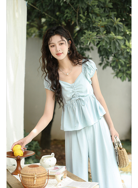 谜秀蓝色小清新修身抽褶上衣MXD26X1556