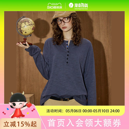 coolhut2025秋季女式时尚圆领纽扣显瘦美式复古宽松长袖T恤