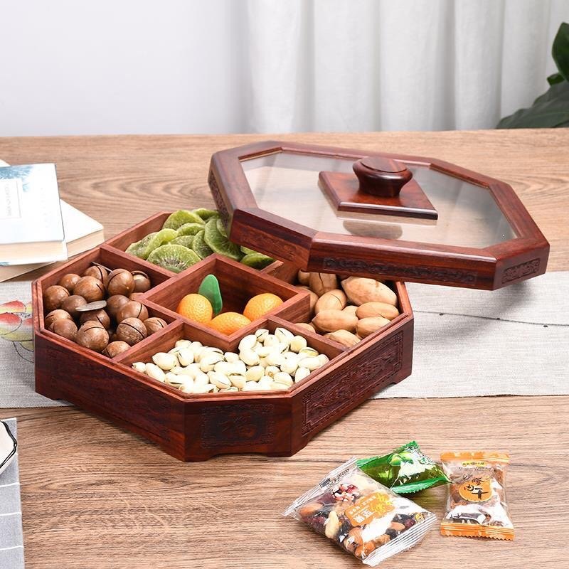红木血檀木果盘过年客厅家用中式坚果零食盘分格木质糖果干果