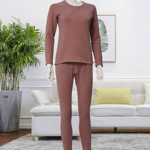 红豆暖绒女士圆领保暖内衣秋衣秋裤羊毛蚕丝套装