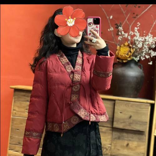 民族风中国刺绣斜襟V领开棉服